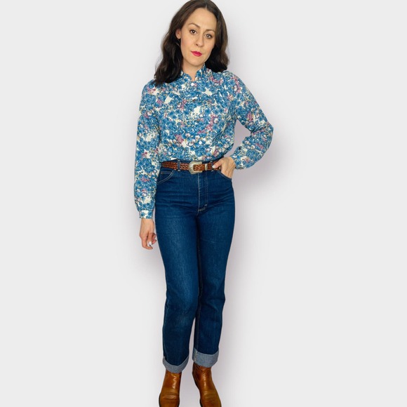 70s Pykettes Blue and Purple Floral Blouse - Picture 6 of 8